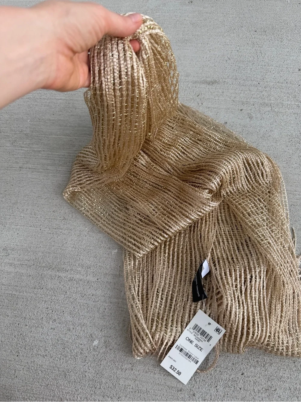 INC International Concepts Metallic Knit Fringe Scarf Sand Gold Shimmer NWT